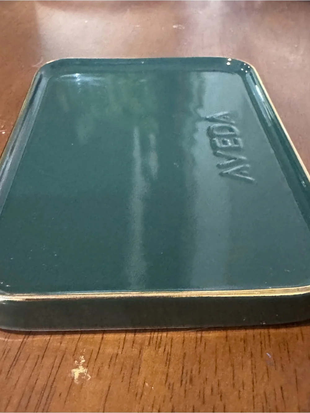 AVEDA bar soap or trinket dish Dark Green Metal Tray with Gold Edge